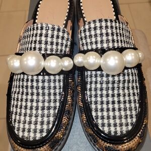 Betsey Johnson Norah Leopard and Houndstooth Loafers with Pearl Detail